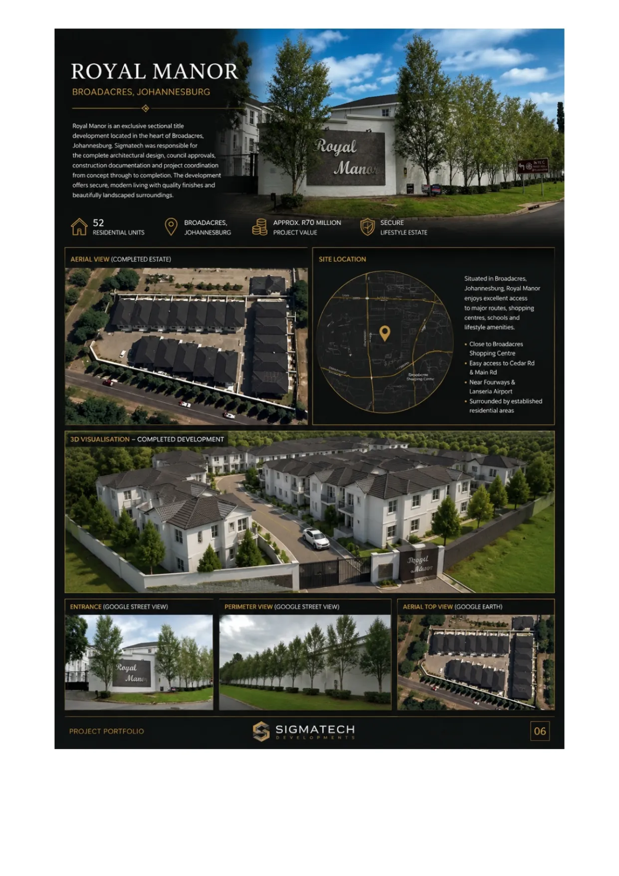 Royal Manor project sheet — photos, site development plan, drawings and 3D renders